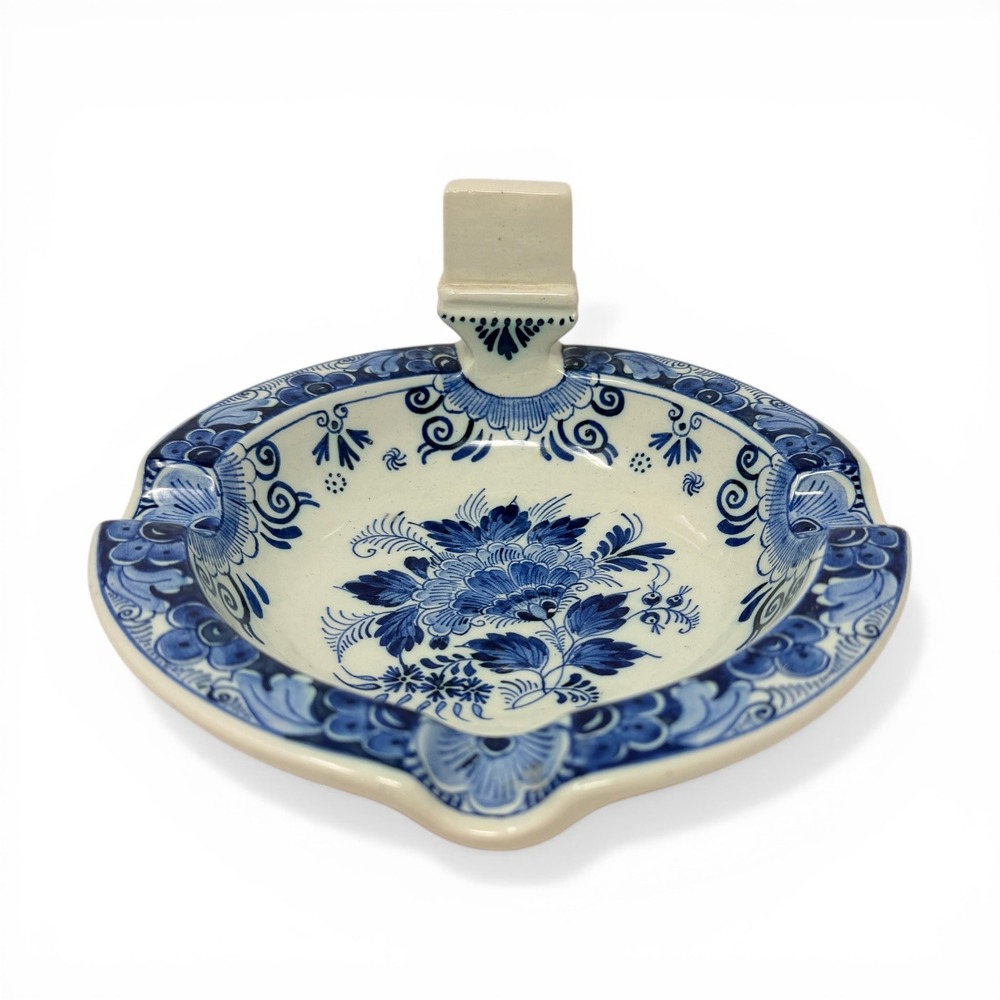 Vintage Delfts Blauw RAM‎ Holland Blue White Floral Ceramic Ashtray Handle 6"